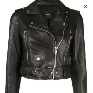 Reformation cropped leather moto jacket.